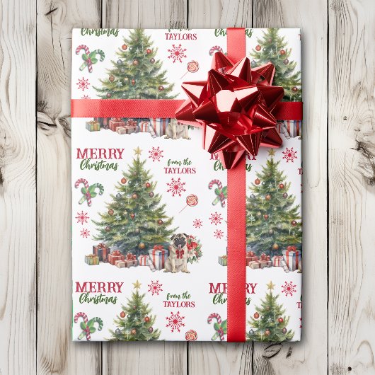 愛らしいパグドグレッドボウホリデーツリー ラッピングペーパー