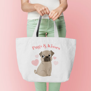 愛らしいパグパピー"Pugs andキス" ラージトートバッグ