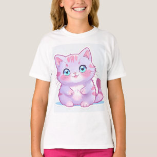 愛らしいパステルパープルのガールズまんが猫 Tシャツ