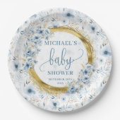 愛らしいパステルブルーの花金ゴールドボホシャワー ペーパープレート (正面)