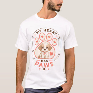 愛らしいパピーとハート、そして肉球のデザインが可愛い「私のハートはパウズ」Tシャツ Tシャツ