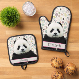 愛らしいパンダクマの動物の名前パターかわいらしン 鍋つかみ&鍋敷きセット