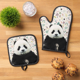 愛らしいパンダクマの動物の名前パターかわいらしン 鍋つかみ&鍋敷きセット
