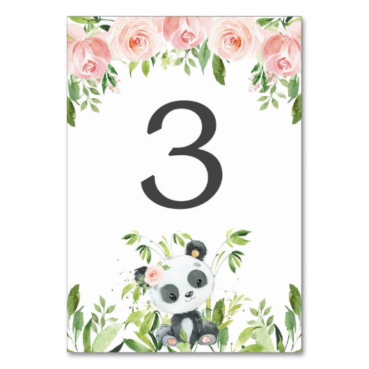 愛らしいパンダピンクフローラ緑の赤ちゃんシャワー テーブルナンバー (裏面)
