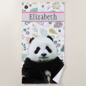 愛らしいパンダベアティール（緑がかった色）ネームキッズアニマル ビーチタオル (正面)