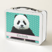 愛らしいパンダベアティール（緑がかった色）ネームキッズアニマル メタルランチボックス (裏面)