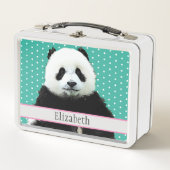 愛らしいパンダベアティール（緑がかった色）ネームキッズアニマル メタルランチボックス (正面)