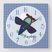 愛らしいパーソナライズされた飛行機子供部屋時計 スクエア壁時計 (正面)