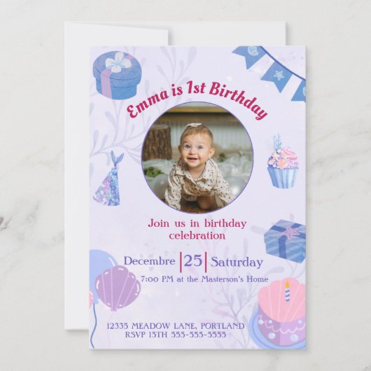 愛らしいパーソナライズされた1歳の誕生日招待状 招待状 (正面)