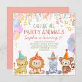 愛らしいパーティーアニマルズピーチピンクサファリ誕生日 招待状 (正面/裏面)