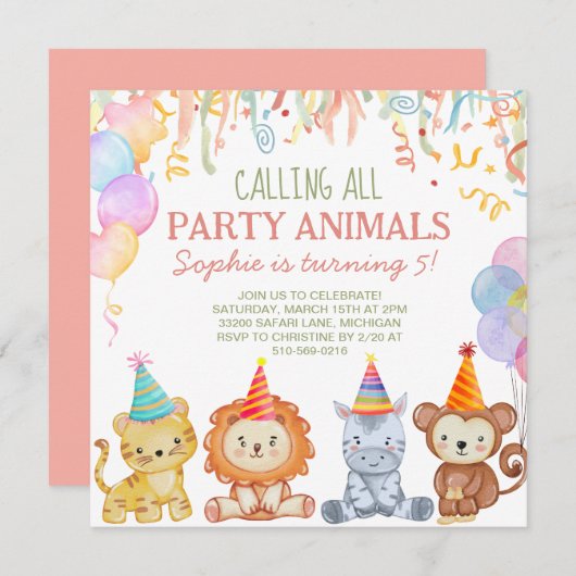 愛らしいパーティーアニマルズピーチピンクサファリ誕生日 招待状 (正面/裏面)