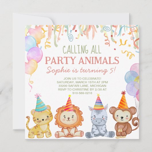愛らしいパーティーアニマルズピーチピンクサファリ誕生日 招待状 (正面)