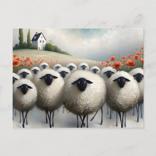 愛らしいヒツジのケシ畑と家 ポストカード (正面)