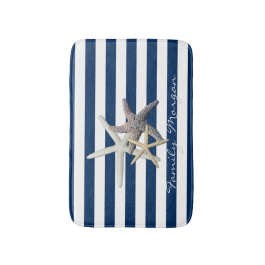 愛らしいヒトデ，ネイビーストライプブルーパーソナライズされたズ バスマット (正面縦)
