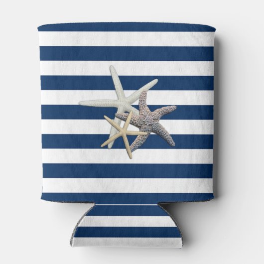 愛らしいヒトデ，ネイビーストライプブルーパーソナライズされたズ 缶クーラー (裏面)