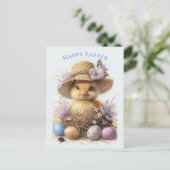 愛らしいヒナの麦わら帽子 イースターエッグ 花 ポストカード (スタンド正面)