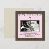 愛らしいビクトリアン風ベビーピンクの洗礼招待状 招待状 (正面/裏面)