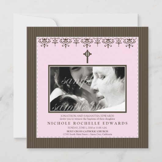 愛らしいビクトリアン風ベビーピンクの洗礼招待状 招待状 (正面)