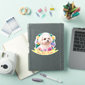 愛らしいビションフリーゼ、黄、ピンク、紫の花 シール (iPadカバー)