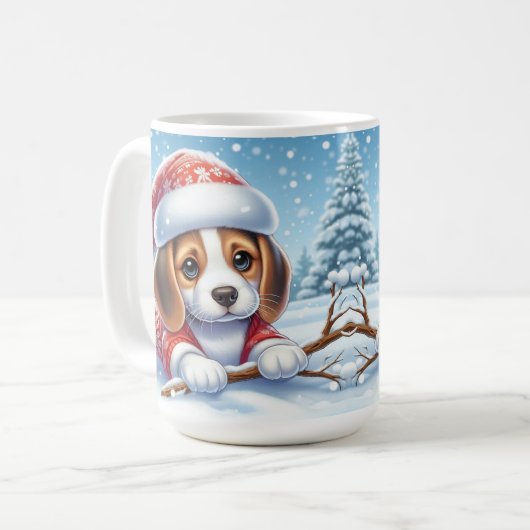 愛らしいビーグルの子犬のクリスマス服 コーヒーマグカップ (正面左)