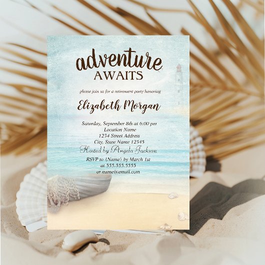 愛らしいビーチ、ボート、ライトハウスリタイアメントパーティー 招待状