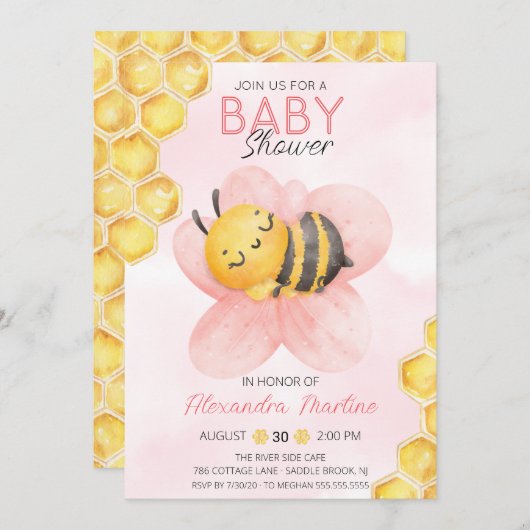 愛らしいビーピンクのフローラ女の子の赤ちゃんシャワー 招待状 (正面/裏面)