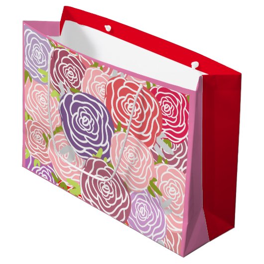 愛らしいピンクと赤の色のブロックバラ ラージペーパーバッグ (正面アングル)