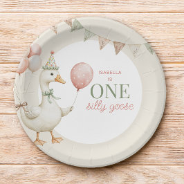 愛らしいピンクのいたずらガチョウ 1歳の誕生日パーティー ペーパープレート