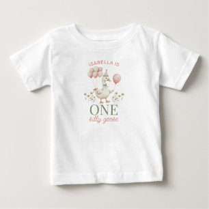 愛らしいピンクのやんちゃなガチョウの1歳の誕生日Tシャツ ベビーTシャツ