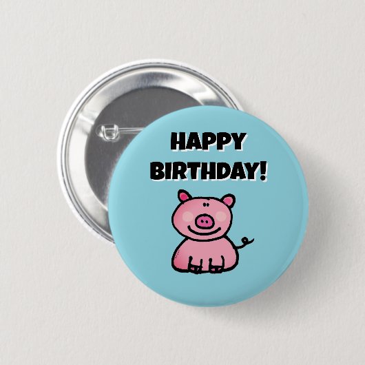愛らしいピンクのキャラクター豚の誕生日 缶バッジ (正面&裏面)