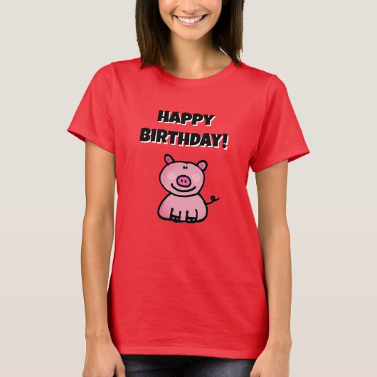 愛らしいピンクのキャラクター豚の誕生日 Tシャツ (正面)