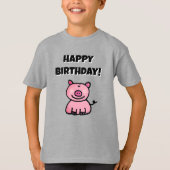 愛らしいピンクのキャラクター豚の誕生日 Tシャツ (正面)