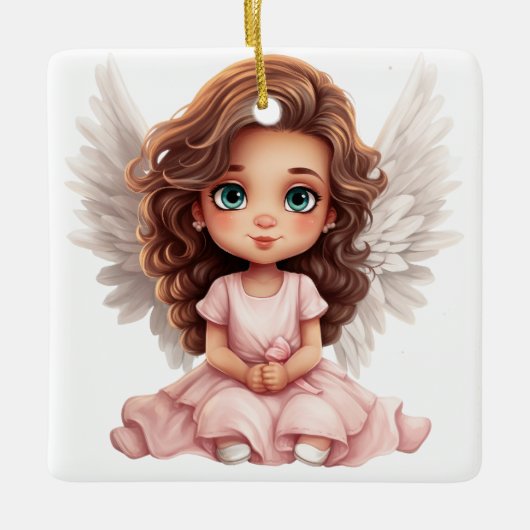 愛らしいピンクのクリスマスエンジェルを作成 セラミックオーナメント (正面)