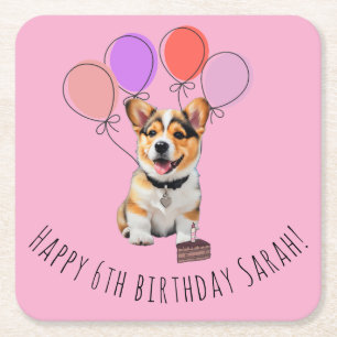 愛らしいピンクのコーギーの誕生日カスタマイズ可能 スクエアペーパーコースター