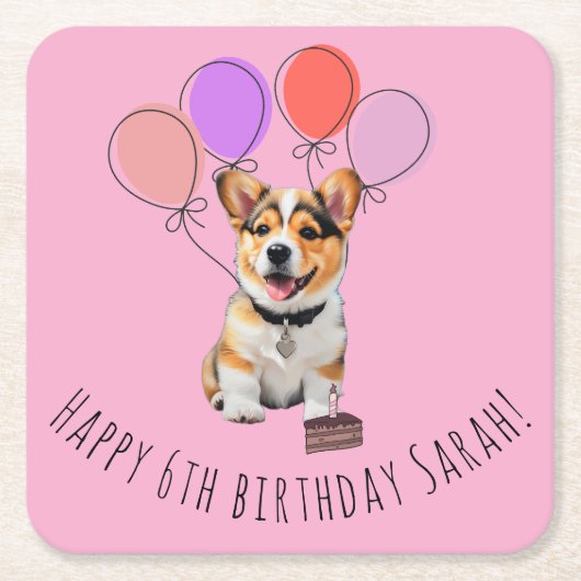 愛らしいピンクのコーギーの誕生日カスタマイズ可能 スクエアペーパーコースター (正面)