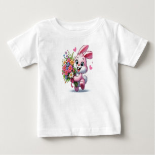 愛らしいピンクのバニーと花ベビーガールTシャツ ベビーTシャツ