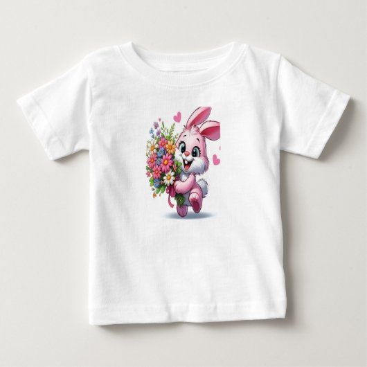 愛らしいピンクのバニーと花ベビーガールTシャツ ベビーTシャツ (正面)