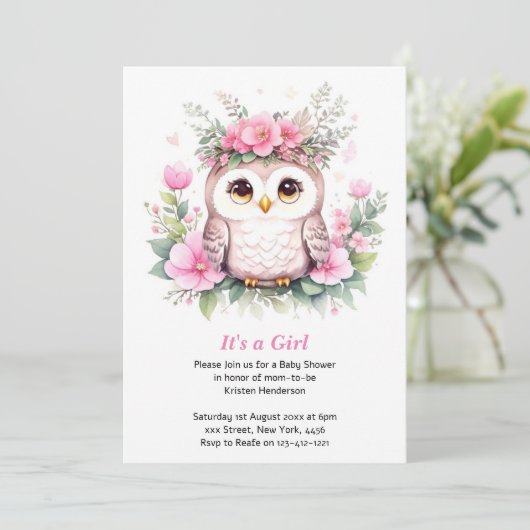 愛らしいピンクのフクロウの女の子の赤ちゃんシャワー 招待状 (スタンド正面)