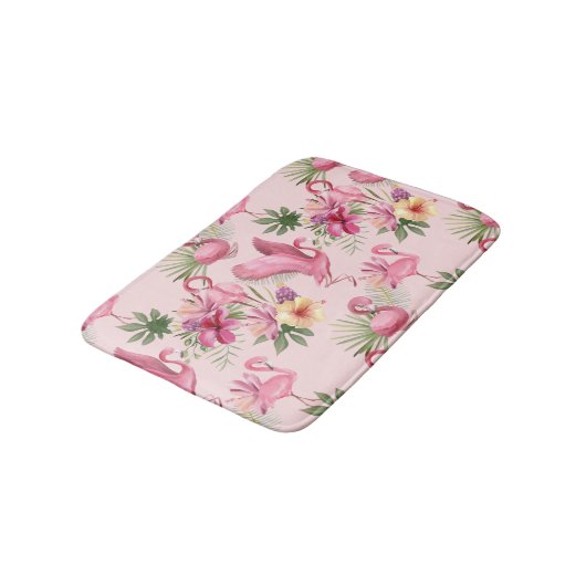 愛らしいピンクのフラミンゴとエキゾチックな花 バスマット (アングル)