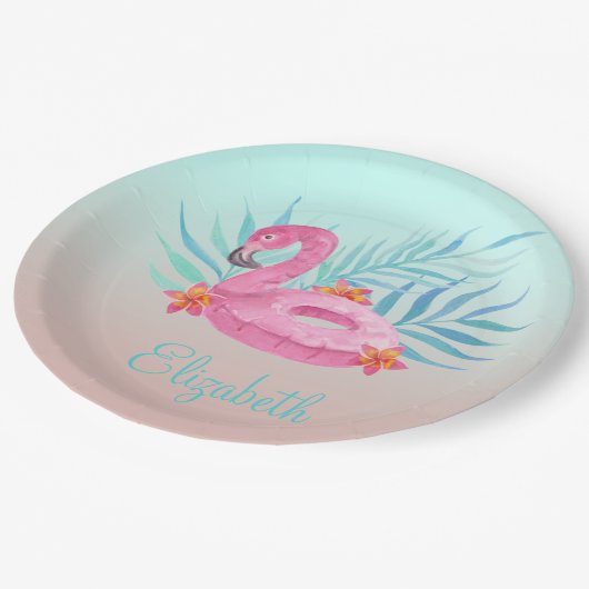 愛らしいピンクのフラミンゴパーム葉の ペーパープレート (アングル)