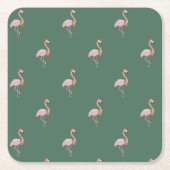 愛らしいピンクのフラミンゴ（サンタハット付き、緑） スクエアペーパーコースター (正面)