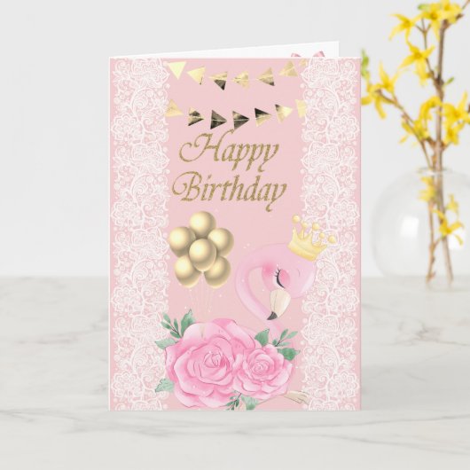 愛らしいピンクのフラミンゴ,ティアラ,レース,風船 カード (黄色い花)