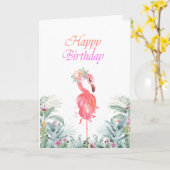 愛らしいピンクのフラミンゴ 熱帯の花 誕生日 カード (黄色い花)