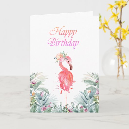 愛らしいピンクのフラミンゴ 熱帯の花 誕生日 カード (黄色い花)
