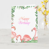 愛らしいピンクのフラミンゴ 熱帯の誕生日 カード (黄色い花)