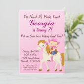 愛らしいピンクのブロンド女性のカーボーイ誕生パーティー招待状 招待状 (スタンド正面)