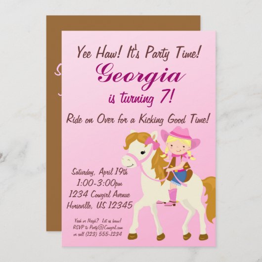 愛らしいピンクのブロンド女性のカーボーイ誕生パーティー招待状 招待状 (正面/裏面)