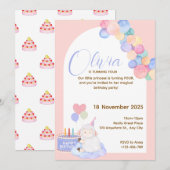 愛らしいピンクのプリンセス誕生日カード 女の子へ 招待状 (正面/裏面)