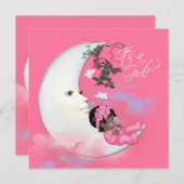 愛らしいピンクのムーンベビーガールシャワー 招待状 (正面/裏面)