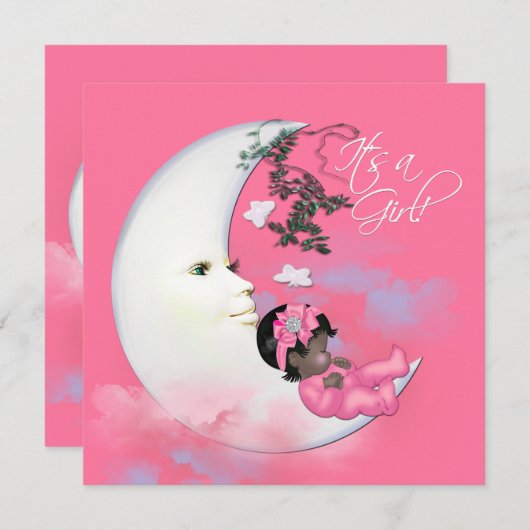 愛らしいピンクのムーンベビーガールシャワー 招待状 (正面/裏面)